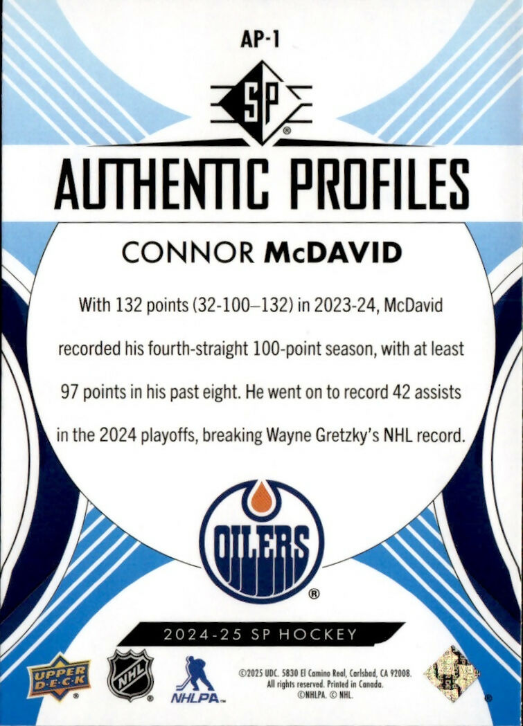 2024-25 SP Authentic Profiles Blue #AP-1 Connor McDavid Edmonton Oilers