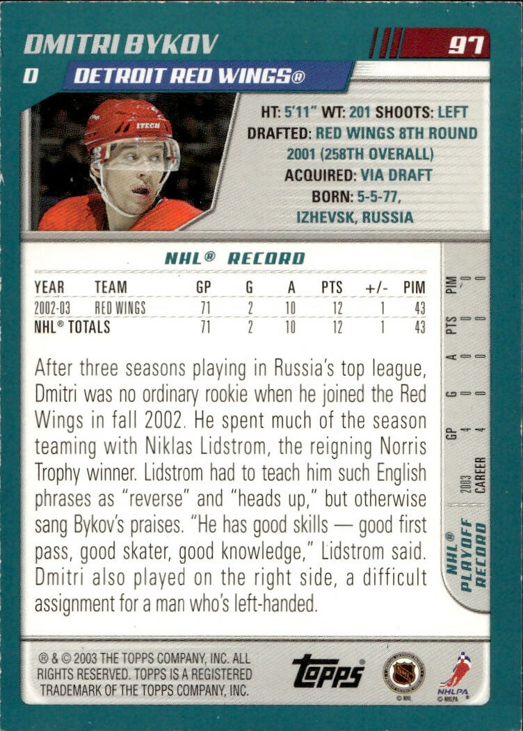 2003-04 O-Pee-Chee - Base - Blue :500 #97 Dmitri Bykov - Detroit Red Wings - B