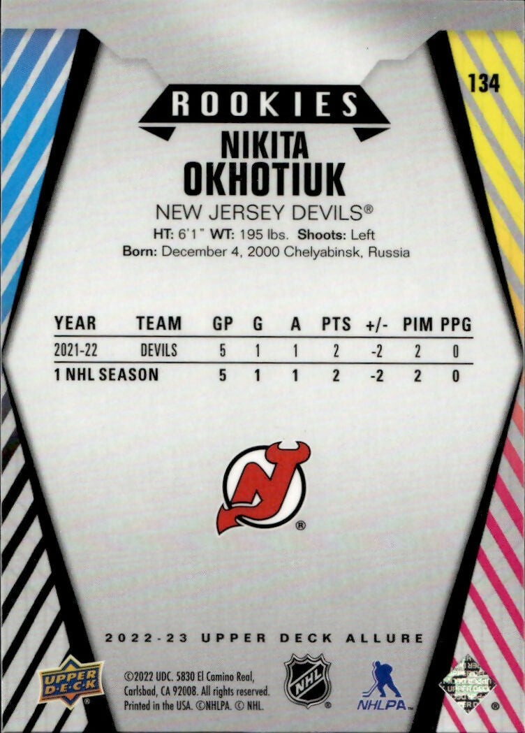 2022-23 Upper Deck Allure Hockey - Base - Rookie #134 Nikita Okhotiuk - New Jersey Devils - B