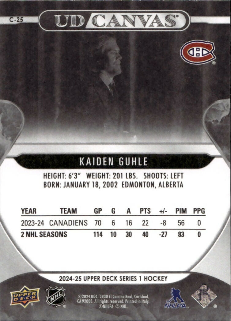 2024-25 Upper Deck Series 1 Hockey - UD Canvas - Black & White #C-25 Kaiden Guhle - Montreal Canadiens - B