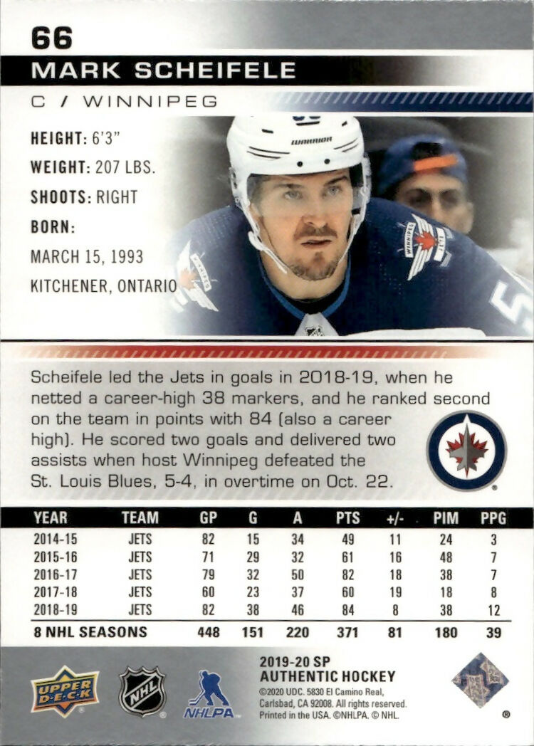 2019-20 Upper Deck Sp Authentic Hockey - Base #66 Mark Scheifele - Winnipeg Jets