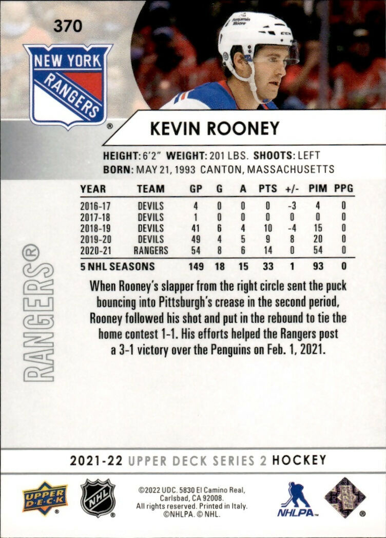 2021-22 Upper Deck Series 2 Hockey - Base #370 Kevin Rooney - New York Rangers - B