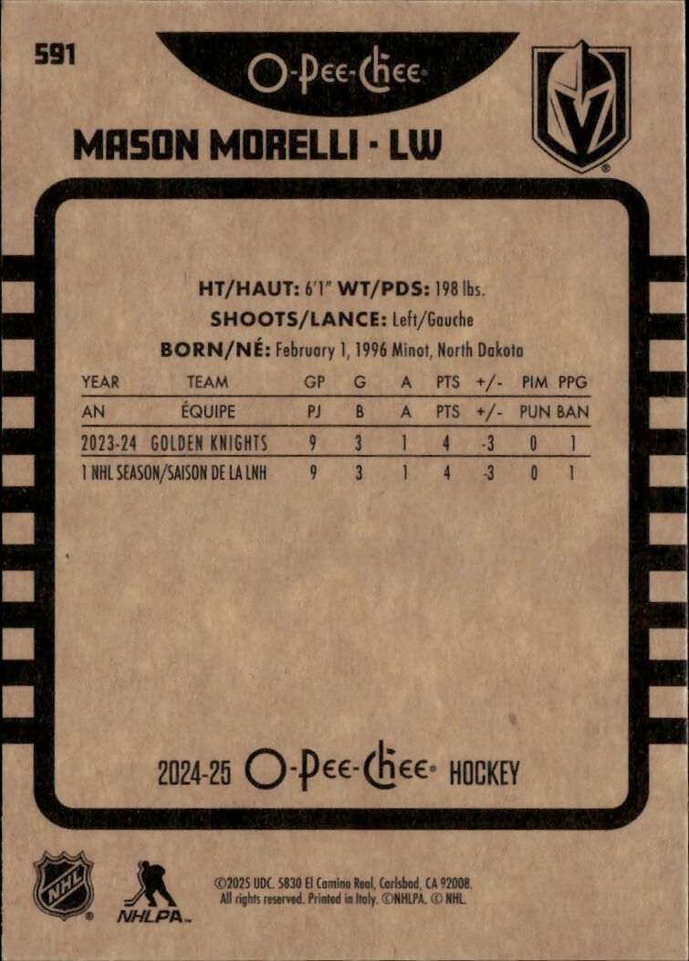 2024-25 Upper Deck O-Pee-Chee - Base - Retro #591 Mason Morelli - Vegas Golden Knights - B