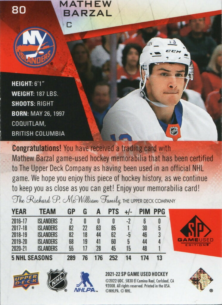2021-22 Upper Deck SP Game Used Hockey - Base - Red Jerseys #80 Mathew Barzal - New York Islanders - B