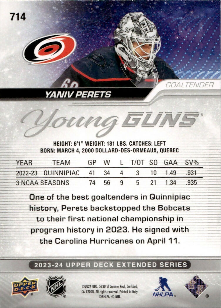 2023-24 Upper Deck Extended Series Hockey - Base - Young Guns #714 Yaniv Perets - Carolina Hurricanes - B