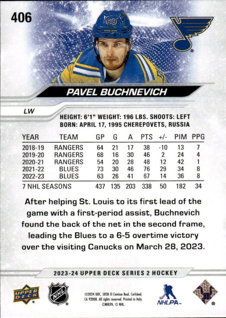 2023-24 Upper Deck Series 2 Hockey - Base #406 Pavel Buchnevich - St. Louis Blues - B