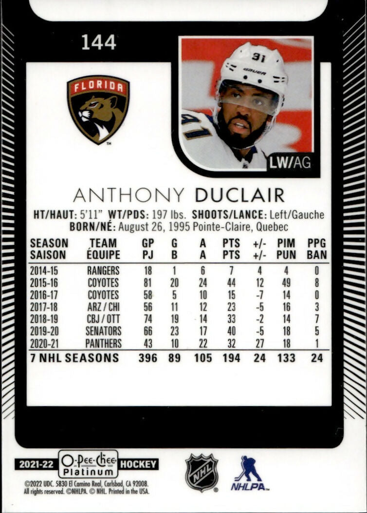 2021-22 Upper Deck O-Pee-Chee Platinum Hockey - Base #144 Anthony Duclair - Florida Panthers - B
