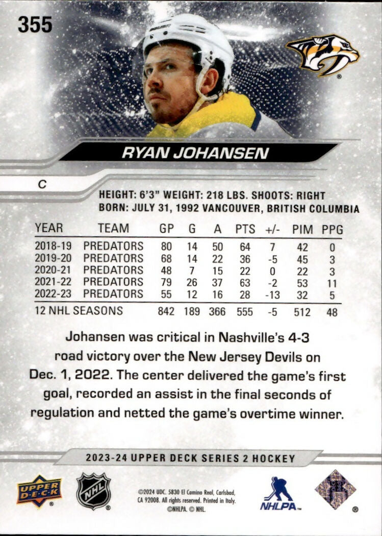 2023-24 Upper Deck Series 2 Hockey - Base - Outburst #355 Ryan Johansen - Nashville Predators - B