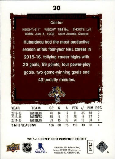 2015-16 Upper Deck Portfolio Hockey - Base #20 Jonathan Huberdeau - Florida Panthers