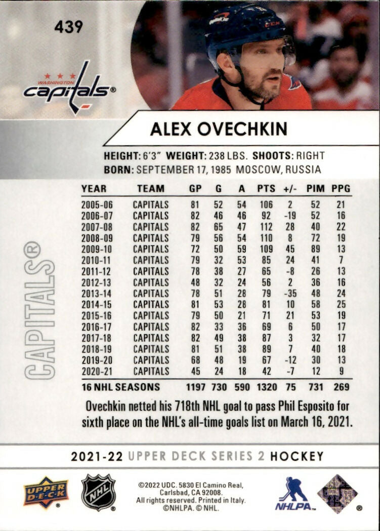 2021-22 Upper Deck Series 2 Hockey - Base #439 Alex Ovechkin - Washington Capitals - B