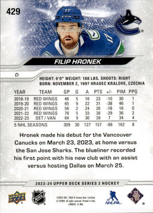 2023-24 Upper Deck Series 2 Hockey - Base #429 Filip Hronek - Vancouver Canucks - B