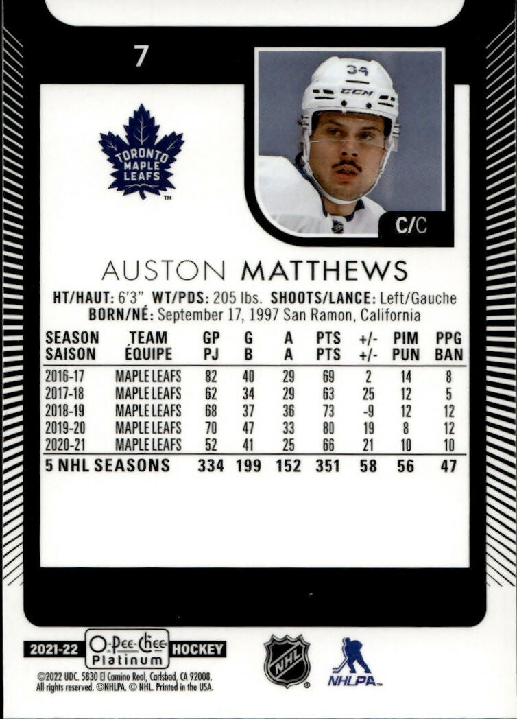 2021-22 Upper Deck O-Pee Chee Platinum Hockey - Base #7 Auston Matthews - Toronto Maple Leafs