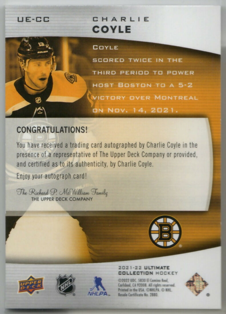 2021-22 Upper Deck Ultimate Collection Hockey #UE-CC Charlie Coyle - Boston Bruins - B