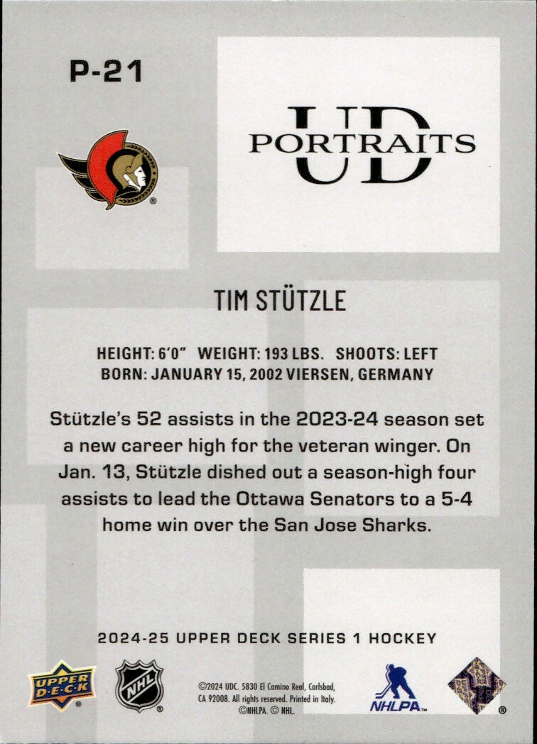 2024-25 Upper Deck Series 1 Hockey - UD Portraits #P-21 Tim Stutzle - Ottawa Senators - B