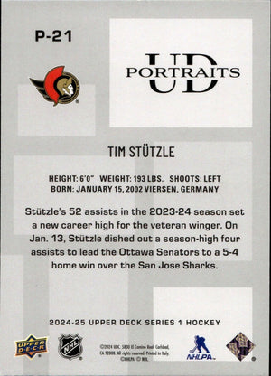 2024-25 Upper Deck Series 1 Hockey - UD Portraits #P-21 Tim Stutzle - Ottawa Senators - B