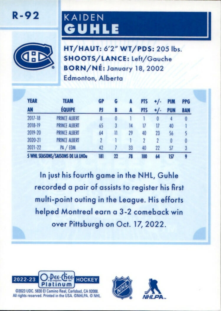 2022-23 Upper Deck O-Pee-Chee Platinum Hockey - Retro #R-92 Kaiden Guhle - Montreal Canadiens - B