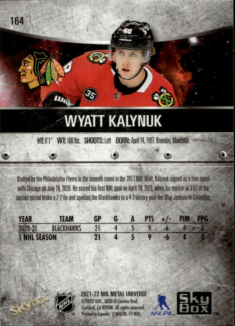 2021-22 Upper Deck Skybox Metal Universe Hockey Rookies #164 Wyatt Kalynuk - Chicago Blackhawks - B