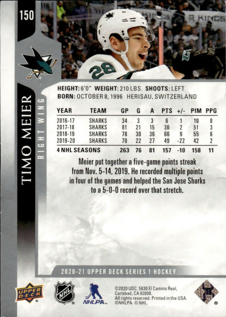 2020-21 Upper Deck Series 1 Hockey #150 Timo Meier - San Jose Sharks