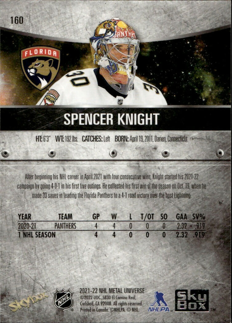 2021-22 Upper Deck Skybox Metal Universe - Base - Rookies #160 Spencer Knight - Florida Panthers - B