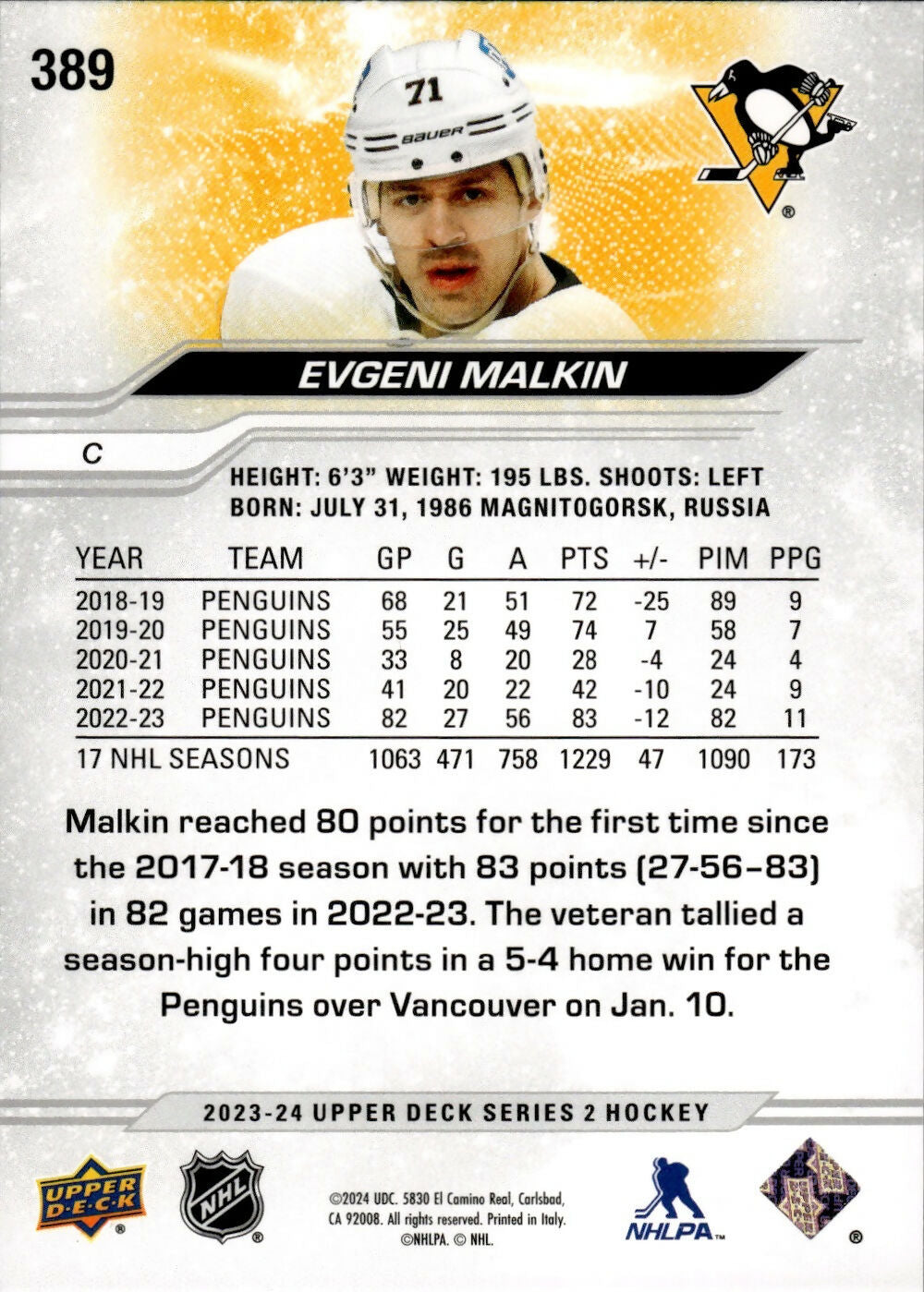 2023-24 Upper Deck Series 2 Hockey - Base #389 Evgeni Malkin - Pittsburgh Penguins - B