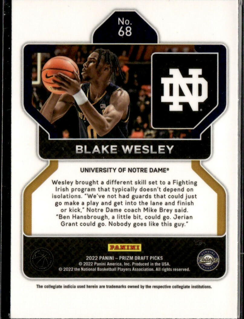 2022 Panini Prizm Draft Picks Basketball - Base #68 Blake Wesley - Notre Dame - B