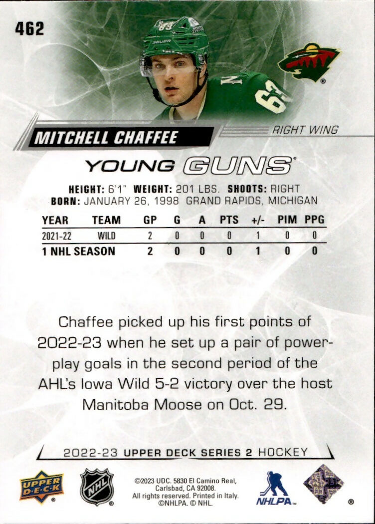 2022-23 Upper Deck Series 2 Hockey - Base - Young Guns #462 Mitchell Chaffee - Minnesota Wild - B