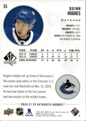 2020-21 Upper Deck Sp Authentic Hockey - Base #55 Quinn Hughes - Vancouver Canucks - B