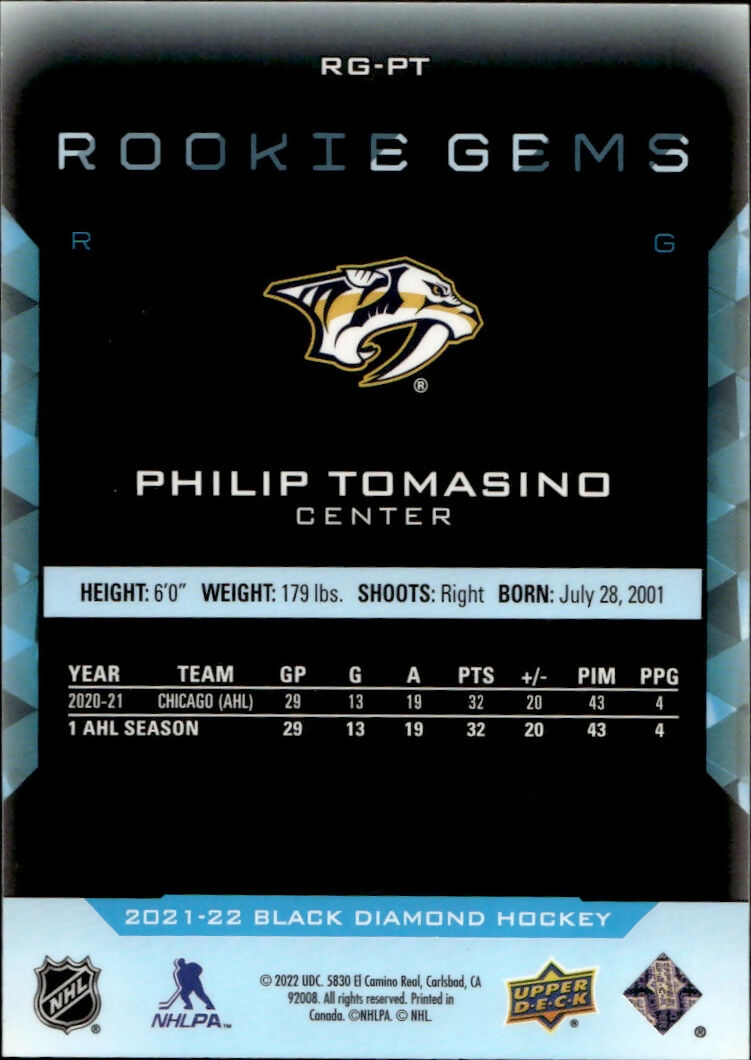2021-22 Upper Deck Black Diamond Hockey - Rookie Gems :399 #RG-PT Philip Tomasino - Nashville Predators - B