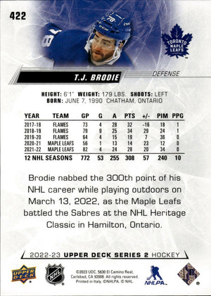 2022-23 Upper Deck Series 2 Hockey Base #422 T.J. Brodie - Toronto Maple Leafs