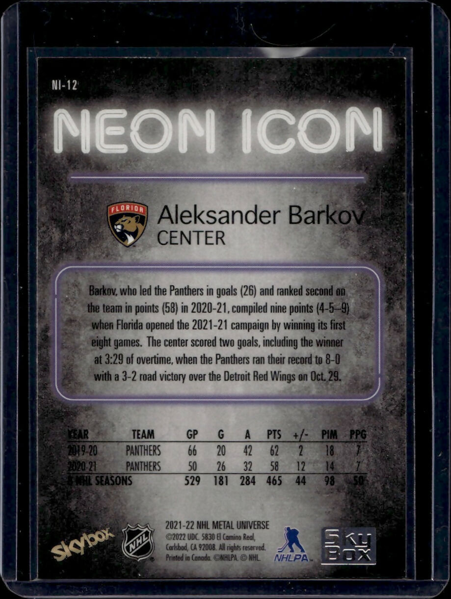 2021-22 Upper Deck Skybox Metal Universe - Neon Icon #NI-12 Aleksander Barkov - Florida Panthers - B
