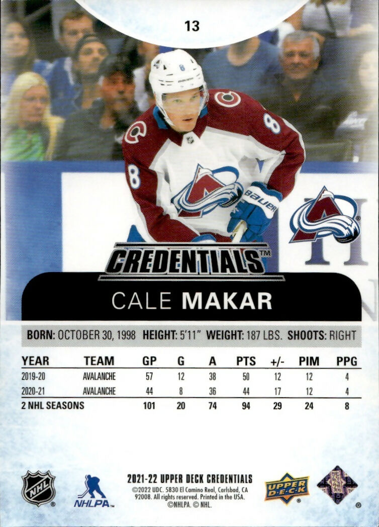 2021-22 Upper Deck Credentials Hockey - Base - Red :199 #13 Cale Makar - Colorado Avalanche - B