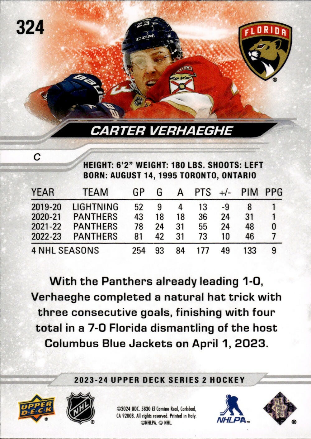 2023-24 Upper Deck Series 2 Hockey - Base #324 Carter Verhaeghe - Florida Panthers