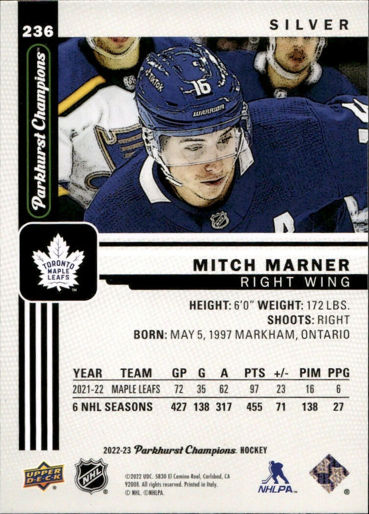 2022-23 Upper Deck Parkhurst Champions - Base - Silver #236 Mitch Marner - Toronto Maple Leafs - B