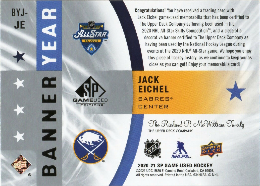 2020-21 Upper Deck SP Game Used Hockey - 2020 NHL All-Star Game Banner Jersey Relics #BYJ-JE Jack Eichel - Buffalo Sabres - B