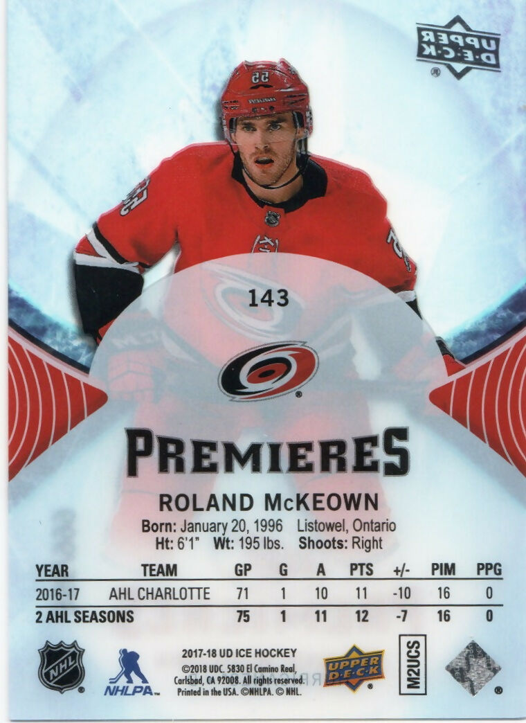 2017-18 Upper Deck Ice Hockey - Base - Premiers /999 #143 Roland McKeown - Carolina Hurricanes