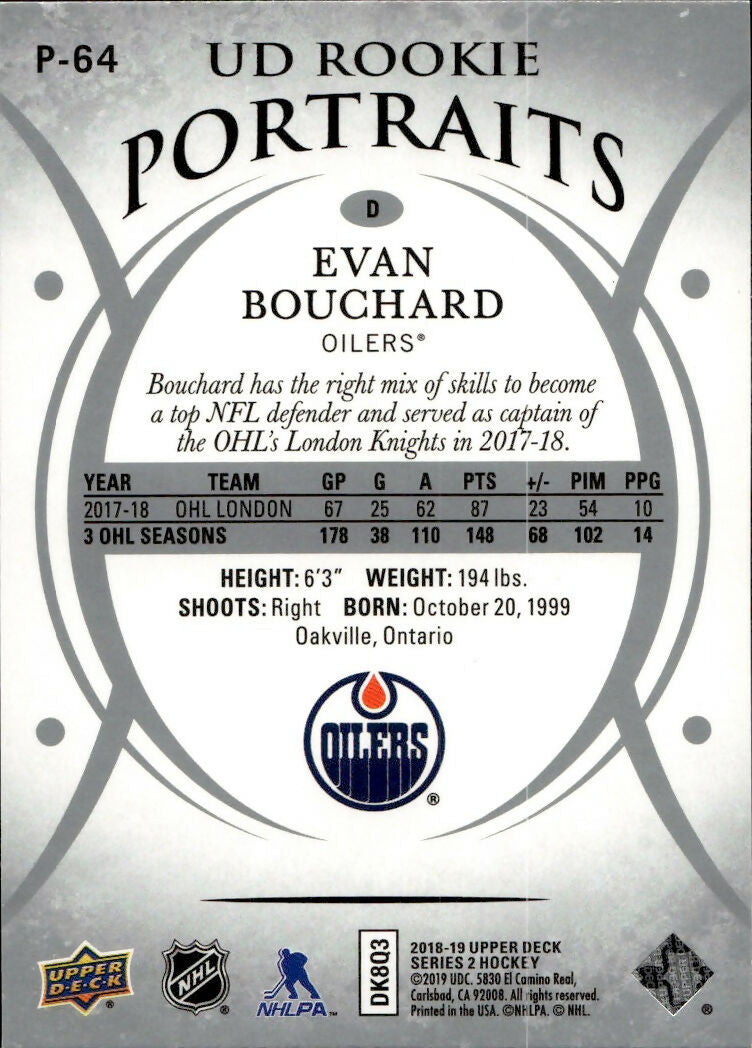 2018-19 Upper Deck Series 1 Hockey - UD Portraits - Rookie #P-64 Evan Bouchard - Edmonton Oilers - B