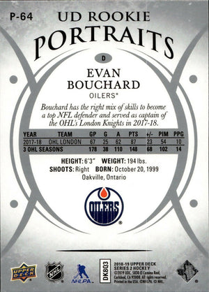 2018-19 Upper Deck Series 1 Hockey - UD Portraits - Rookie #P-64 Evan Bouchard - Edmonton Oilers - B