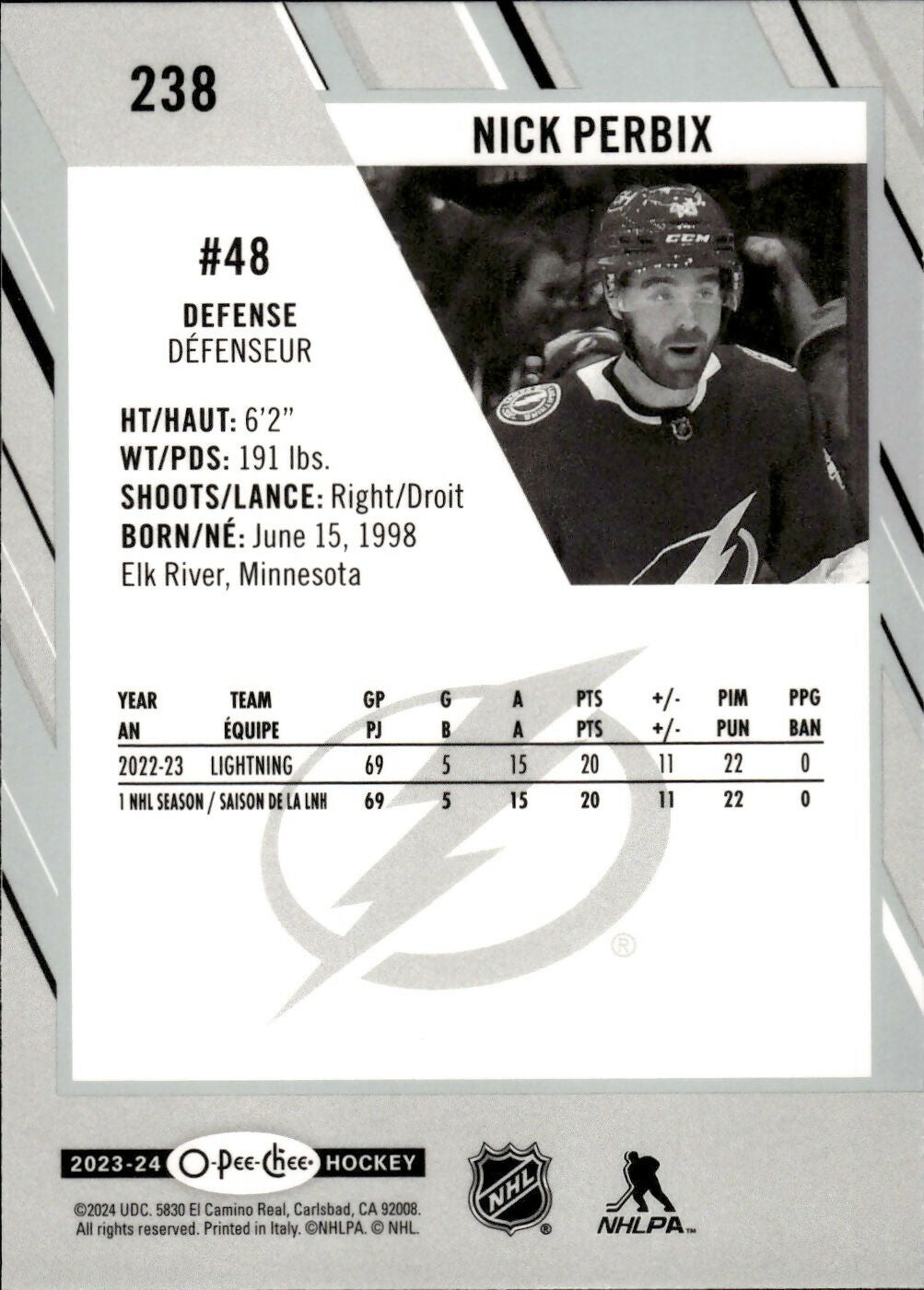 2023-24 Upper Deck O-Pee-Chee Hockey - Base #238 Nick Perbix - Tampa Bay Lightning