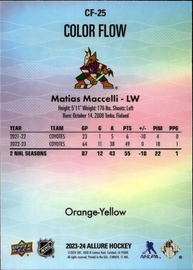 2023-24 Upper Deck Allure Hockey - Color Flow - Orange-Yellow Spectrum #CF-25 Matias Maccelli - Arizona Coyotes - B