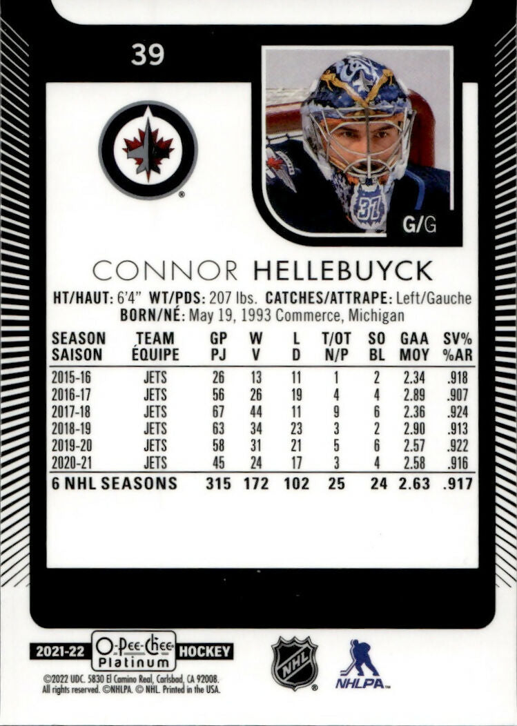 2021-22 Upper Deck O-Pee-Chee Platinum Hockey - Base #39 Connor Hellebuyck - Winnipeg Jets - B