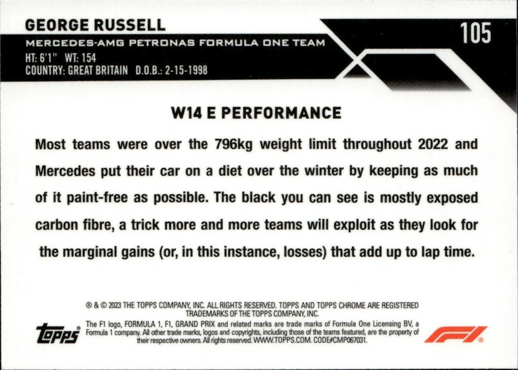 2023 Topps Chrome Formula 1 Base #105 - F1 Cars George Russell - Mercedes-AMG Petronas Formula One Team - B
