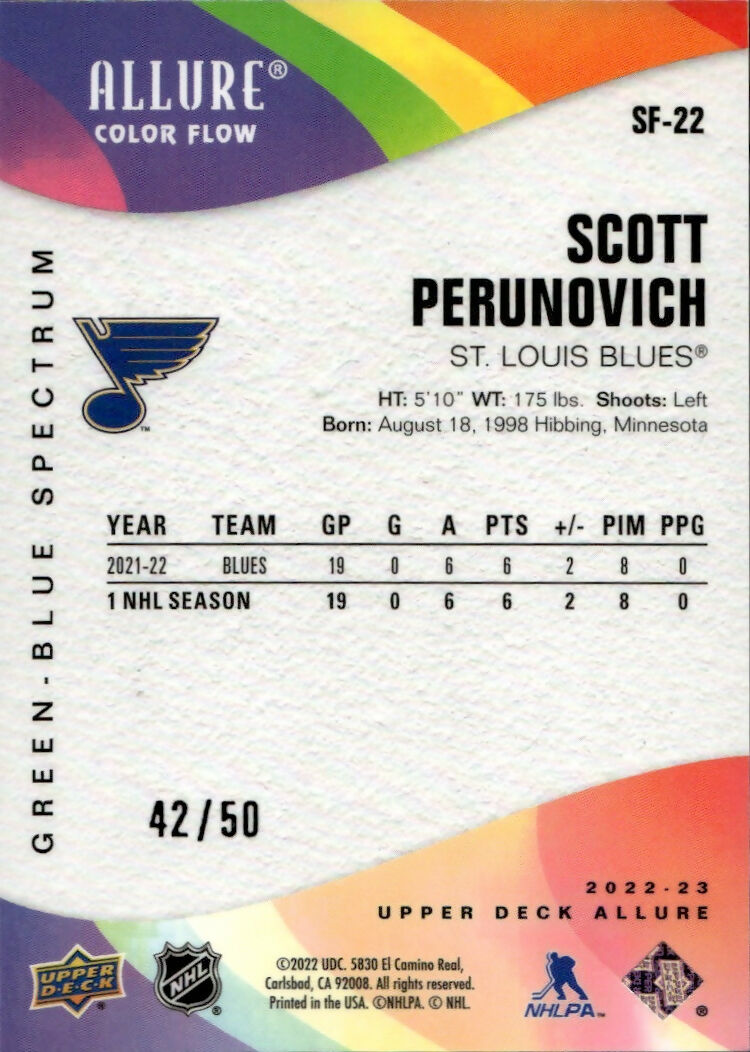 2022-23 Upper Deck Allure Hockey - Color Flow - Green Blue Spectrum :50 #SF-22 Scott Perinovich - St. Louis Blues - B