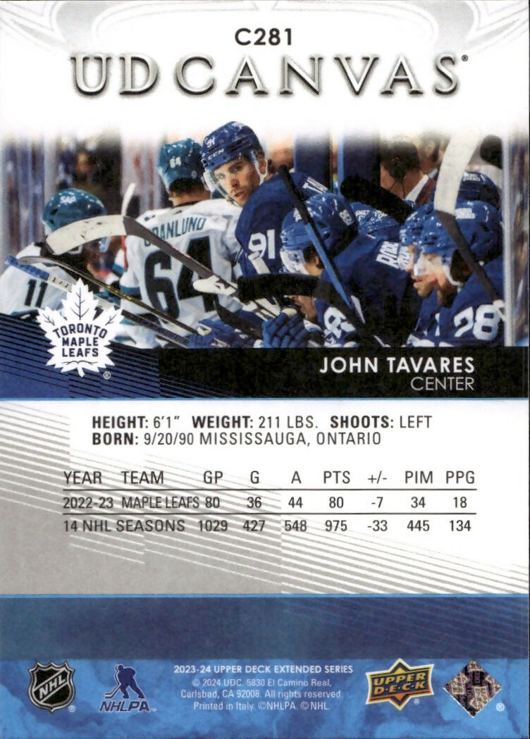 2023-24 Upper Deck Extended Series Hockey - UD Canvas #C281 John Tavares - Toronto Maple Leafs - B