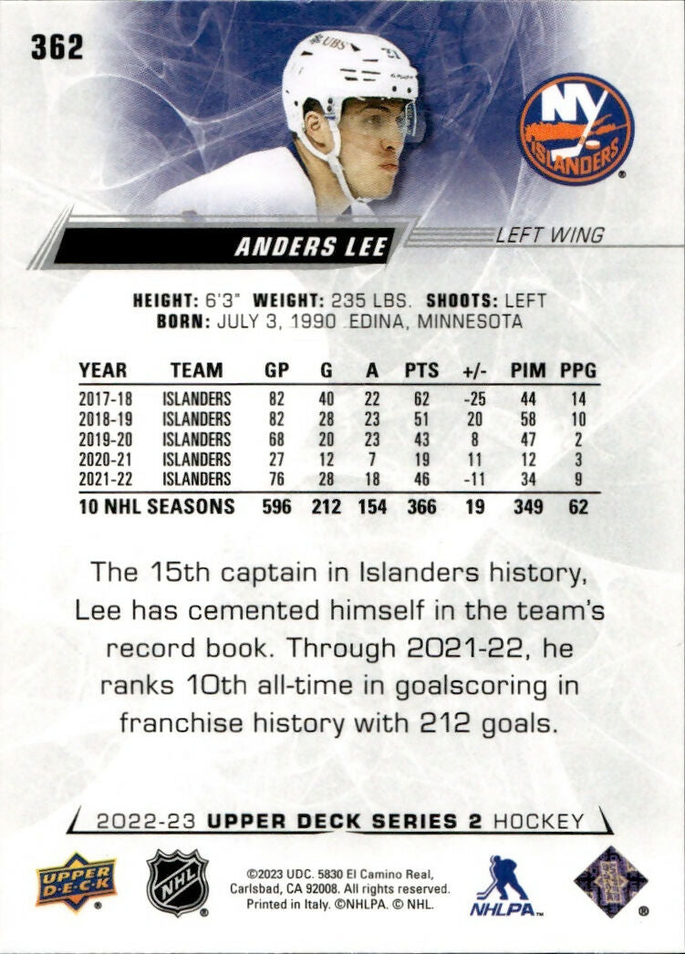 2022-23 Upper Deck Series 2 Hockey - Base #362 Anders lee - New York Islanders - B
