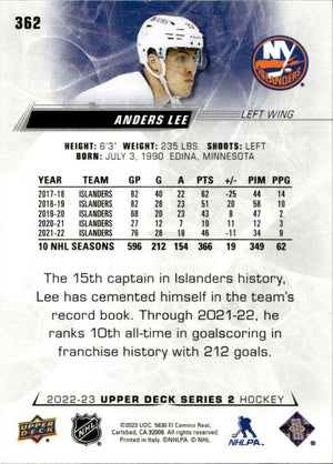 2022-23 Upper Deck Series 2 Hockey - Base #362 Anders lee - New York Islanders - B