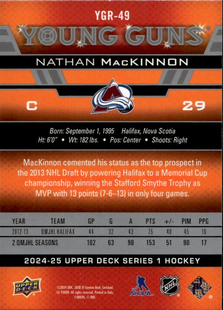 2024-25 Upper Deck Series 1 Hockey - Young Guns Renewed #YGR-49 Nathan MacKinnon - Colorado Avalanche - B