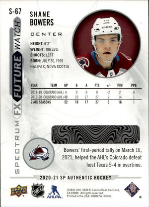 2020-21 Upper Deck Sp Authentic Hockey - Spectrum FX - Future Watch #S-67 Shane Bowers - Colorado Avalanche - B