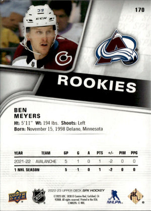 2022-23 Upper Deck SPX Hockey -  Rookies #170 Ben Meyers - Colorado Avalanche - B