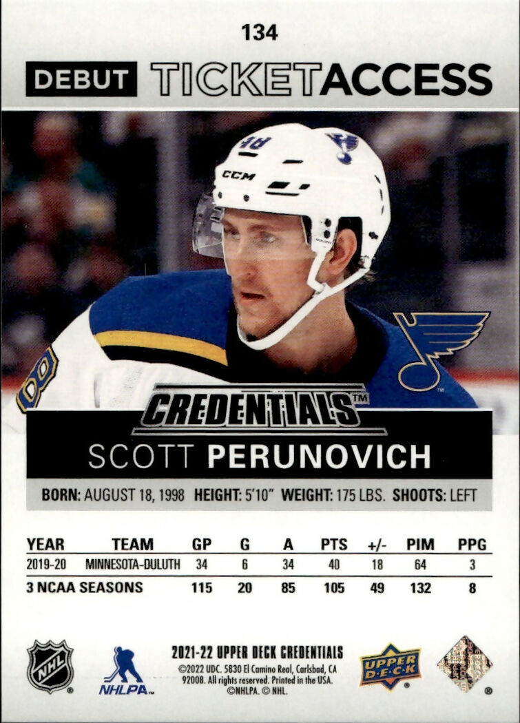 2021-22 Upper Deck Credentials - Base - Debut Ticket Access :799 #134 Scott Perunovich - St. Louis Blues - B