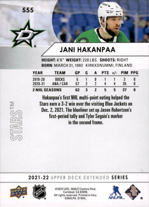 2021-22 Upper Deck Extended Series Hockey - Base #555 Jani Hakanpaa - Dallas Stars